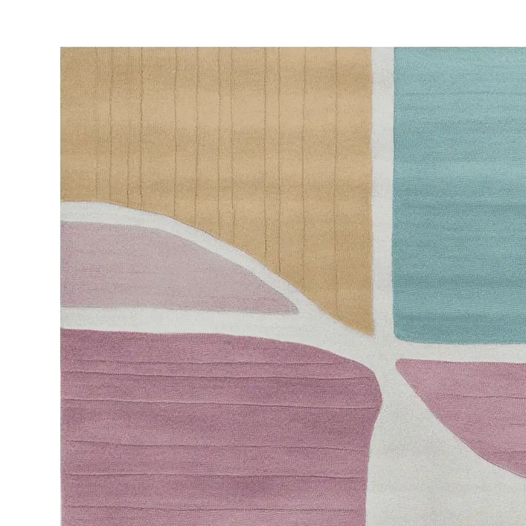 A vibrant area rug with a contemporary design featuring soft pastel blocks of pink, beige, and blue. The hand-tufted wool rug is perfect for adding a modern touch to living room spaces, ideally sized at 8x10 for versatile placement.