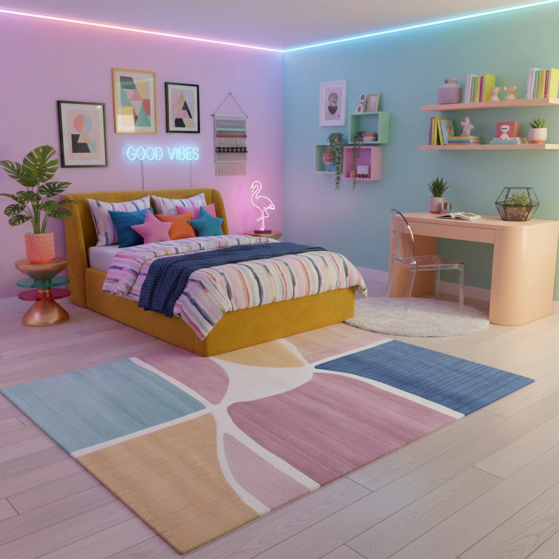 Colorful bedroom with a bed, desk, a contemporary wool rug, and decorative elements.