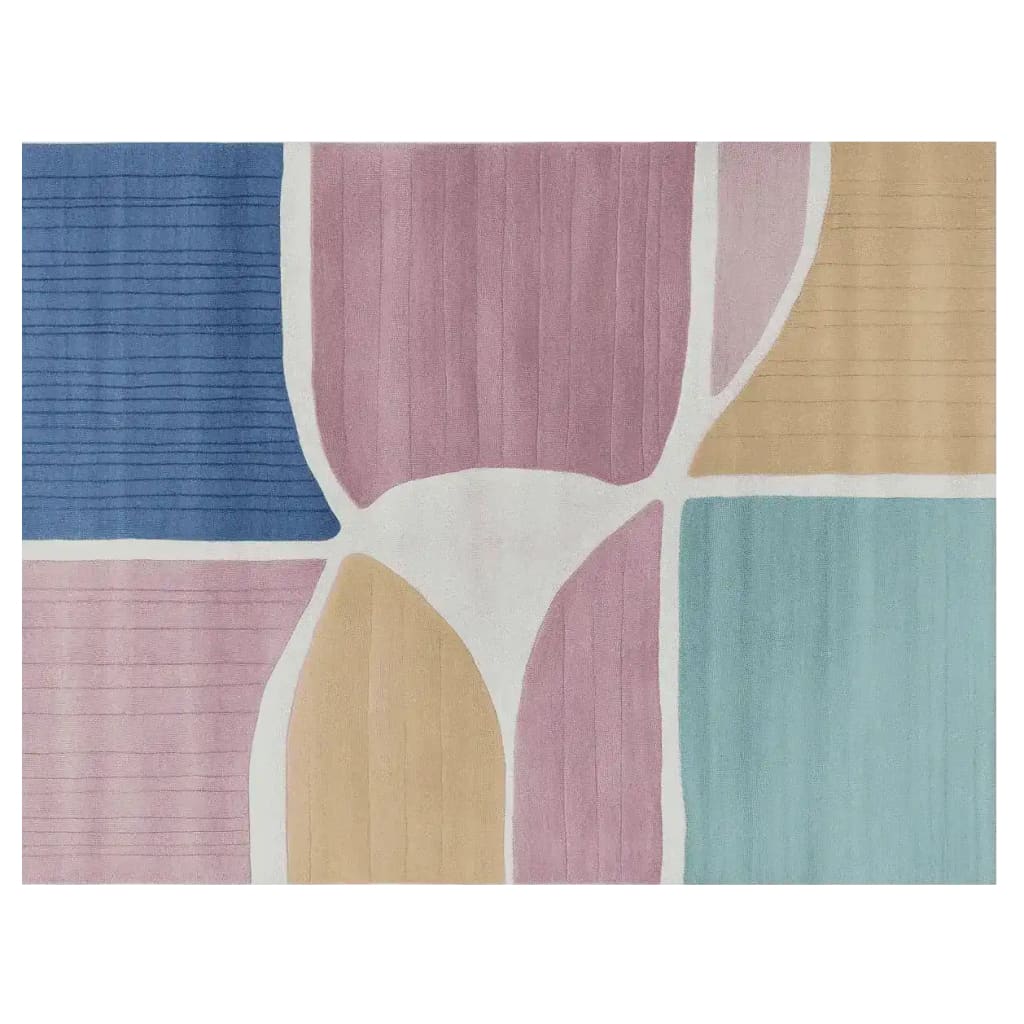 A stylish area rug featuring a contemporary design with soft, hand-tufted wool. The rug showcases an abstract pattern with bold blocks of blue, pink, beige, and teal, perfect for adding a modern touch to living room spaces. This 8x10 wool rug is ideal for anyone looking for area rugs for living room settings.