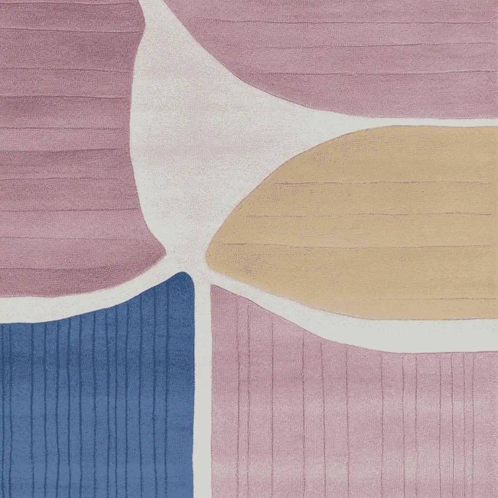 A vibrant area rug showcasing a contemporary design with abstract shapes in shades of pink, blue, and beige. This wool rug is perfect for enhancing living room spaces, especially in an 8x10 size, adding a modern touch to your decor.