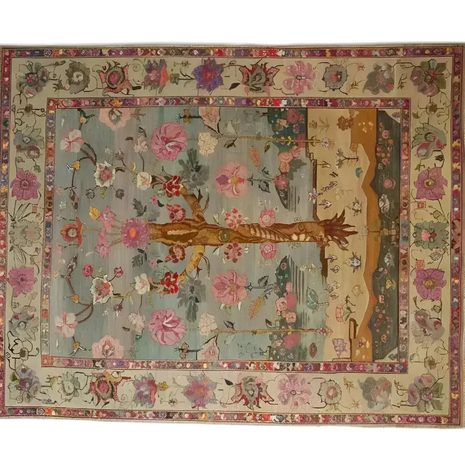 The Soft Harmony Tapestry Hand Knotted Area Rug showcases an intricate design, perfect for enhancing living room spaces. This floral rug features a blend of vibrant colors and detailed patterns reminiscent of traditional Persian rugs, creating a harmonious and elegant look.