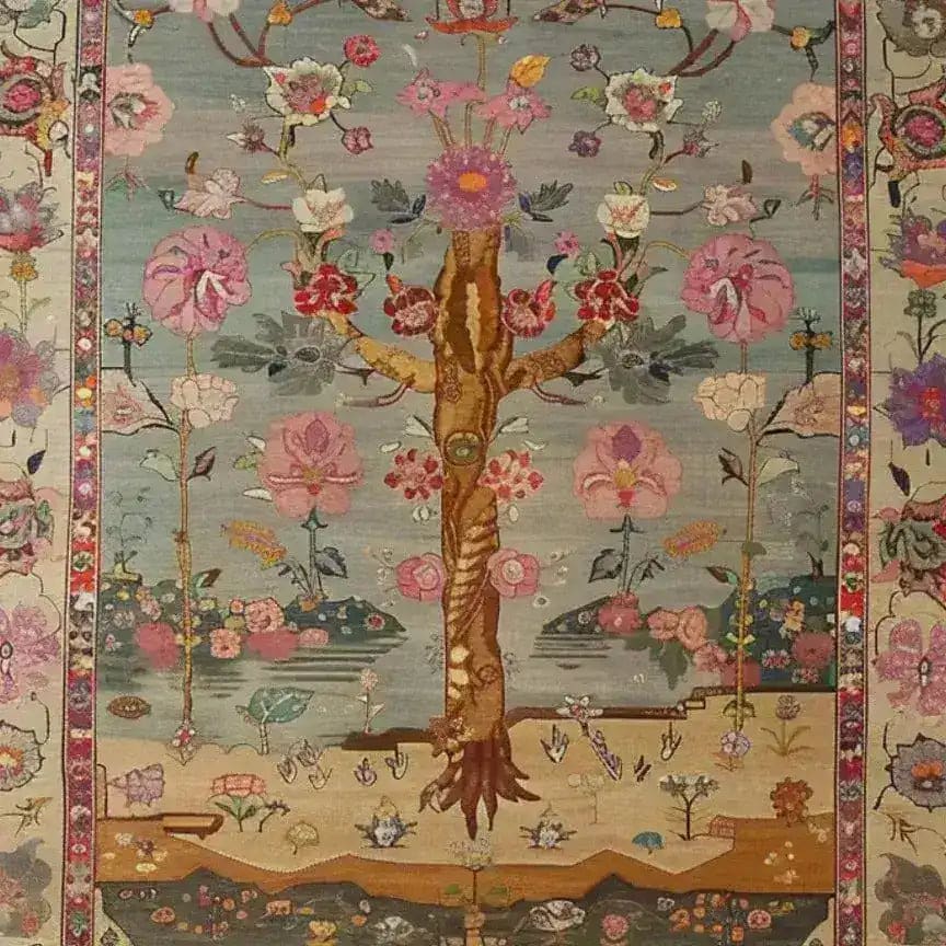 Beautiful hand-knotted area rug featuring an intricate floral design, ideal for enhancing living room decor. This Persian-inspired tapestry showcases a vibrant array of flowers and a central tree motif, embodying classic elegance and charm.