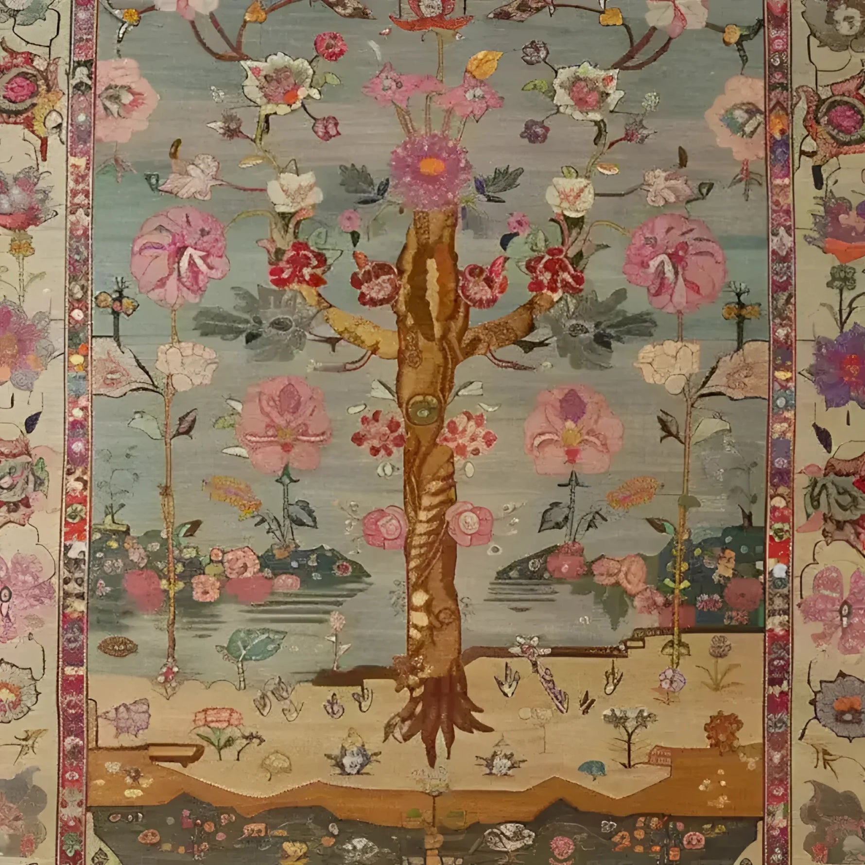 Beautiful hand-knotted area rug featuring an intricate floral design, ideal for enhancing living room decor. This Persian-inspired tapestry showcases a vibrant array of flowers and a central tree motif, embodying classic elegance and charm.