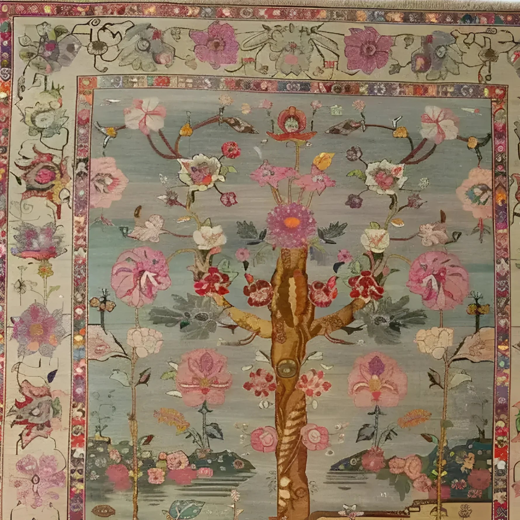 A beautifully designed hand-knotted area rug featuring intricate floral patterns, perfect for enhancing a living room. This Soft Harmony tapestry showcases Persian-inspired motifs with vibrant blooms and delicate branches, offering a classic and elegant touch to any space.