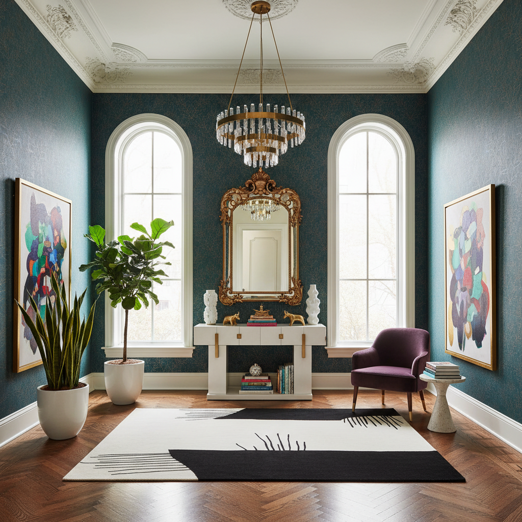 Elegant interior design with dark blue walls, an abstract wool rug, a chandelier, and decorative elements.