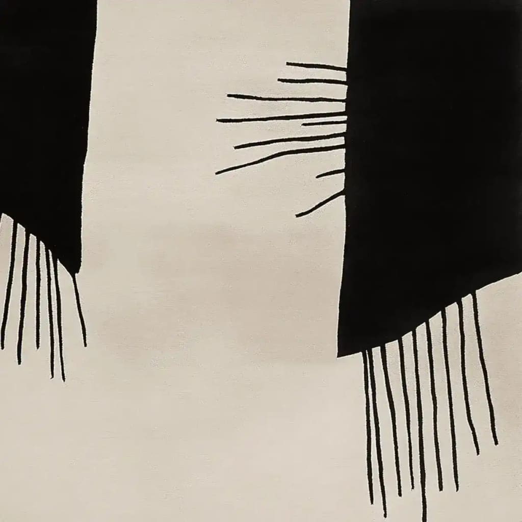 Contemporary Soft Ink Surge Area Rug with abstract black patterns on a beige background, perfect for a stylish touch in large living rooms. This 8x10 wool rug is hand-tufted, adding a modern flair to your home decor.