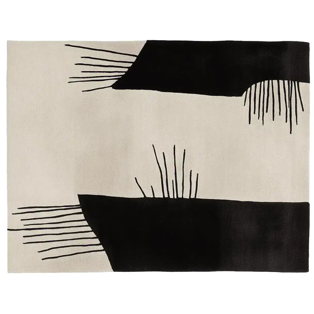 A stylish area rug featuring a contemporary design with bold black abstract shapes on a soft beige background. This wool rug is perfect for adding a modern touch to large living room spaces. Ideal for those seeking living room rugs in an 8x10 size.