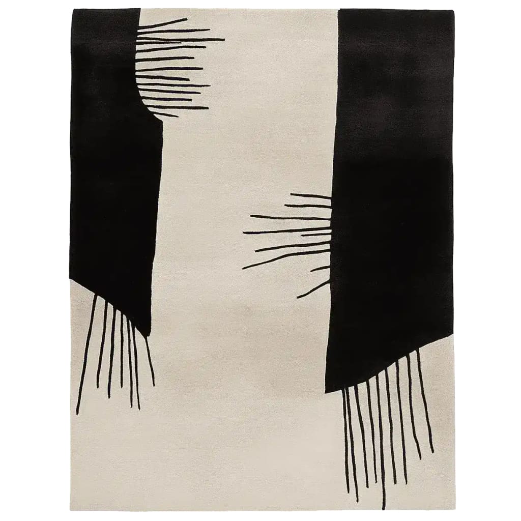 This contemporary area rug, titled 'Soft Ink Surge Hand Tufted Rug', showcases a striking abstract design with bold black and white patterns. Perfect for adding a modern touch to any space, this wool rug is ideal for large living rooms, especially in an 8x10 size configuration.