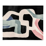 A contemporary hand-tufted wool area rug with an abstract design in soft pastel colors on a dark background, perfect for living room settings. Featuring flowing shapes in light blue, pink, and cream, this 8x10 rug adds a modern touch to any space.