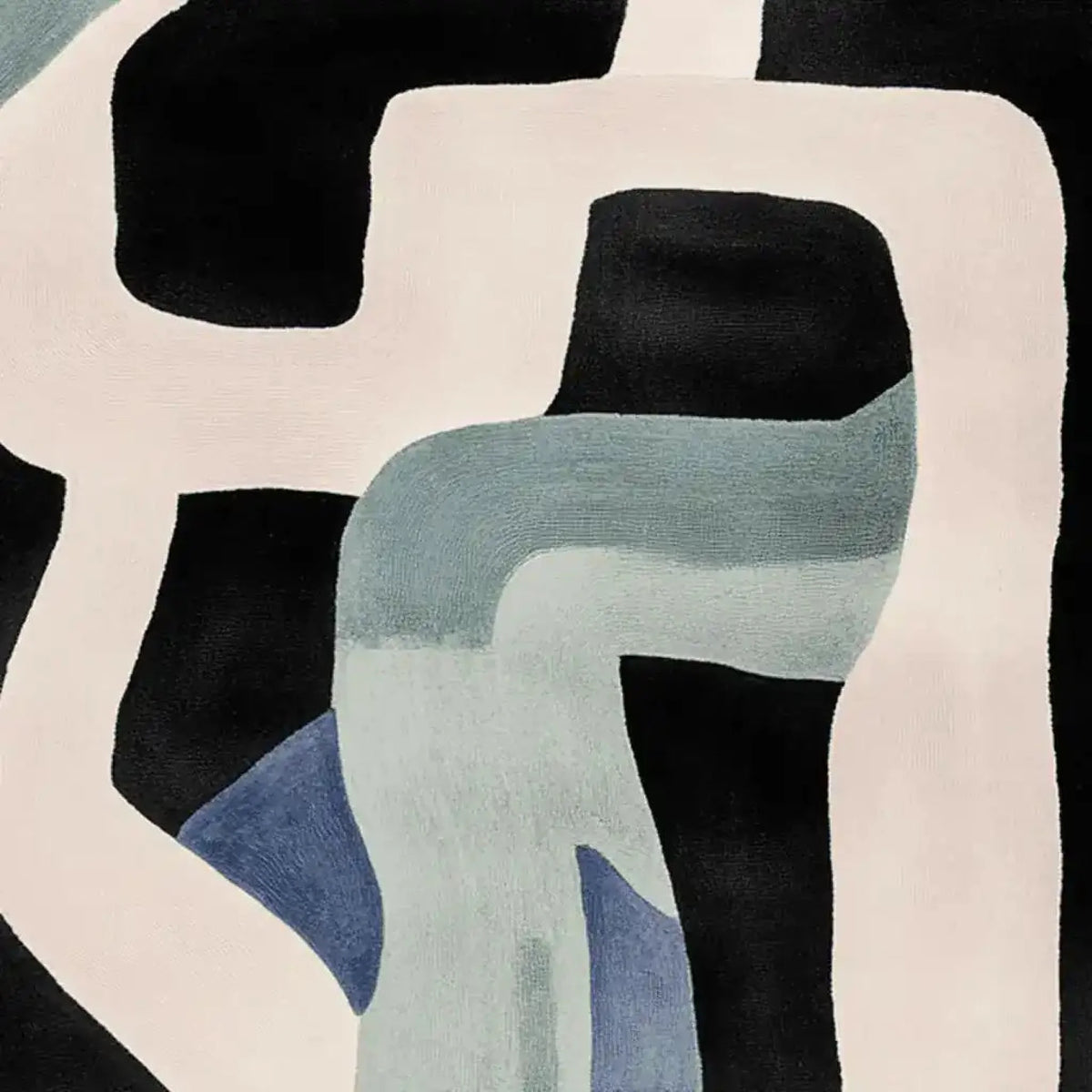 A contemporary wool area rug featuring abstract patterns in shades of black, blue, and cream. Ideal for enhancing modern living rooms, this 8x10 living room rug brings both style and comfort with its soft, hand-tufted design.