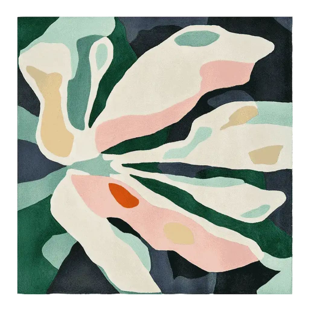 A beautiful contemporary square area rug featuring an abstract floral design with soft petal-like shapes in pastel colors, perfect for large living rooms. This hand-tufted wool rug adds a symphony of colors to any living room area.