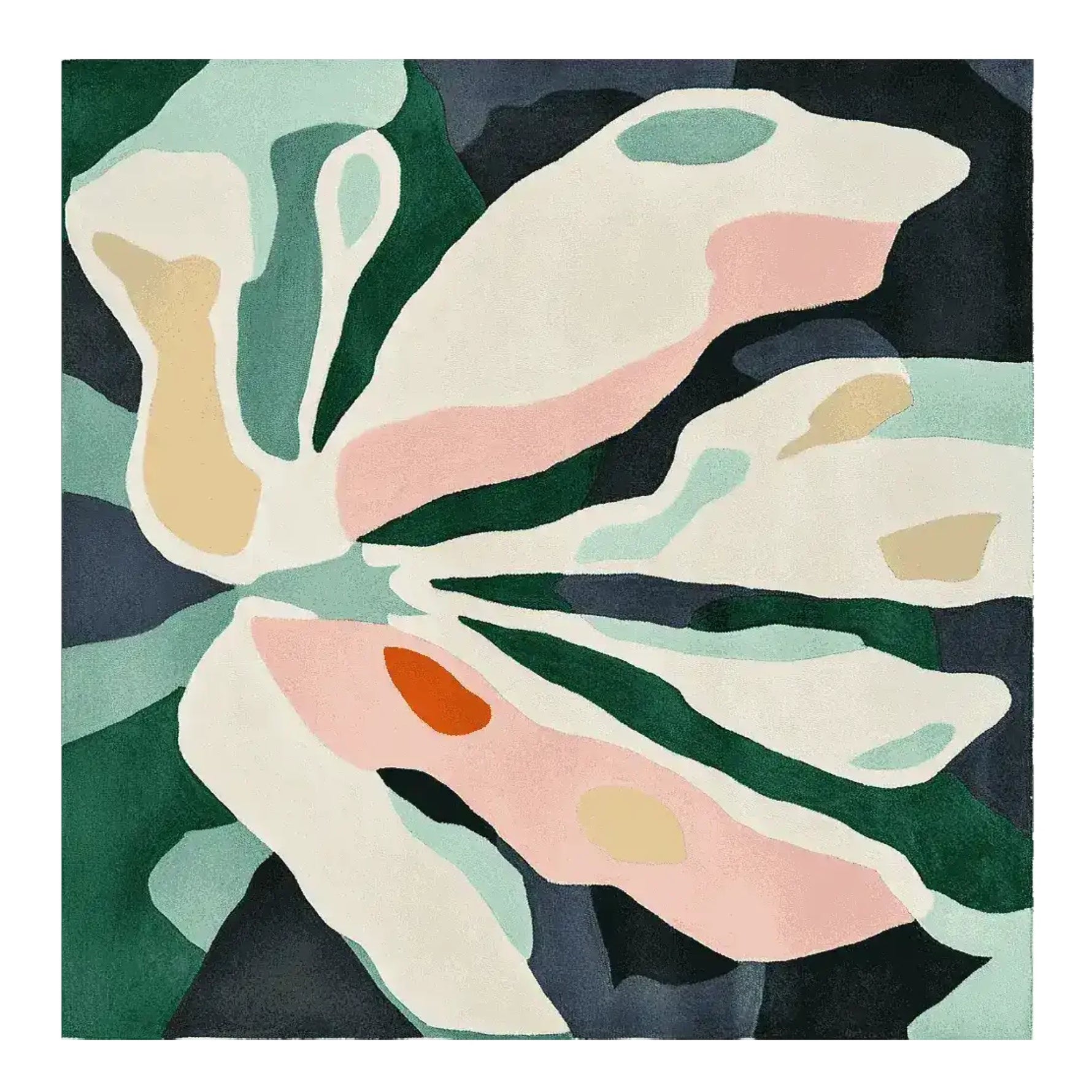 A beautiful contemporary square area rug featuring an abstract floral design with soft petal-like shapes in pastel colors, perfect for large living rooms. This hand-tufted wool rug adds a symphony of colors to any living room area.