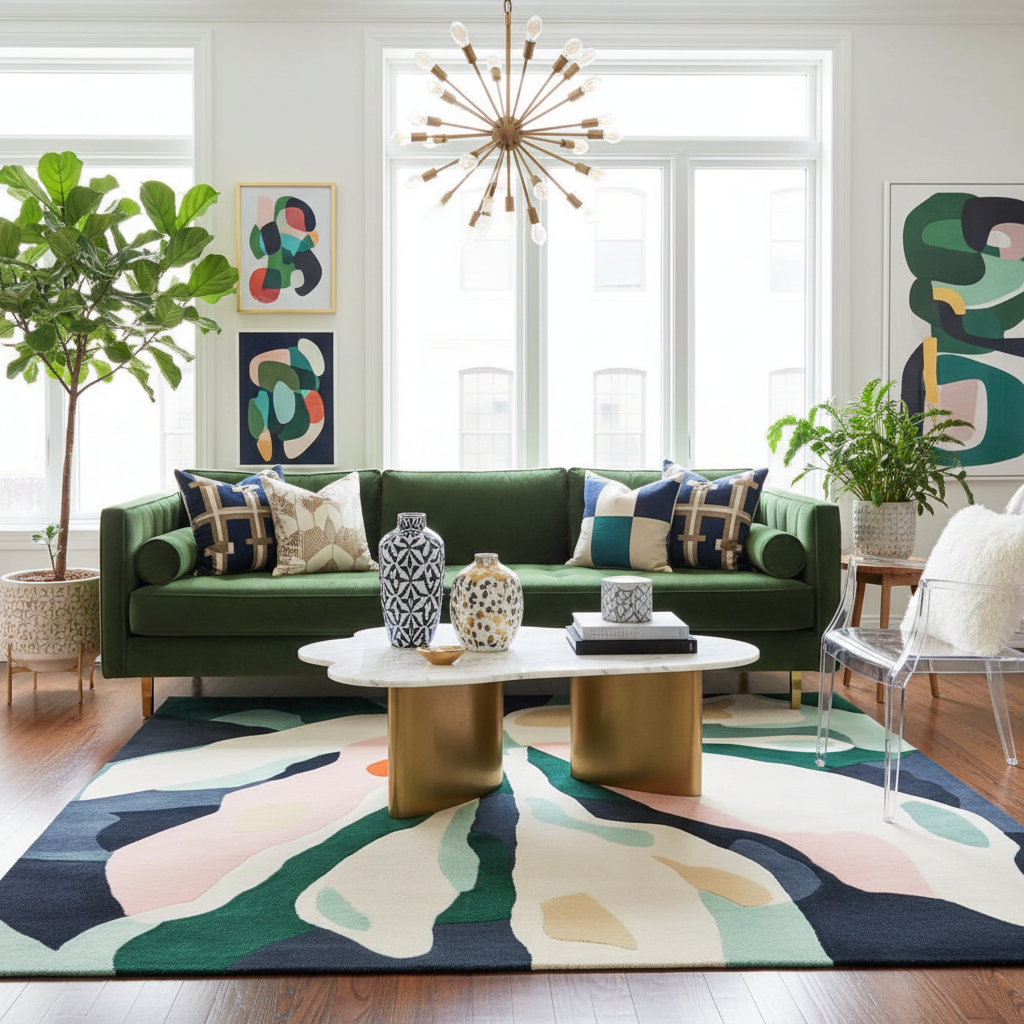 Modern living room with a green sofa, colorful rug, and decorative elements.