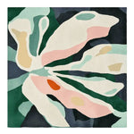 A beautiful contemporary square area rug featuring an abstract floral design with soft petal-like shapes in pastel colors, perfect for large living rooms. This hand-tufted wool rug adds a symphony of colors to any living room area.