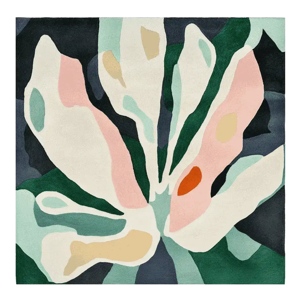 Soft Petal Symphony Hand Tufted Area Rug in a square shape, showcasing a contemporary floral design with vibrant colors including pink, green, and cream. Ideal for large living rooms, this wool rug adds a modern touch to any space.