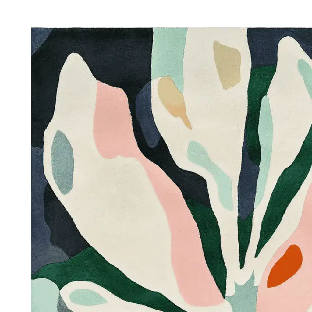 Soft Petal Symphony Hand Tufted Rug showcasing a beautiful abstract floral design in soft pastel colors. This square area rug is ideal for large living rooms, offering a contemporary touch with its woolen texture. Perfect as a living room area rug, this contemporary rug adds elegance and warmth.