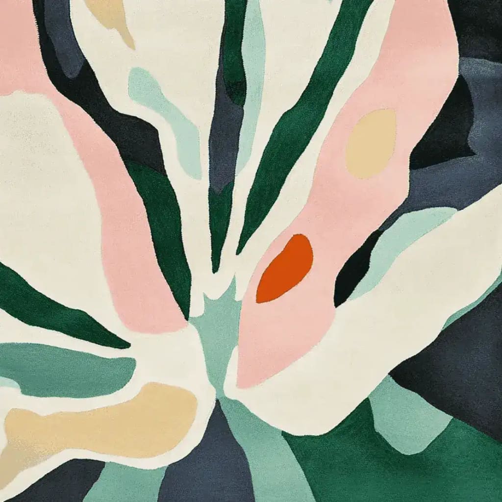 Soft Petal Symphony Hand Tufted area rug featuring an abstract design with vibrant shades of pink, green, and cream. This contemporary square area rug adds a splash of color to large living room spaces, crafted from high-quality wool for a luxurious feel.