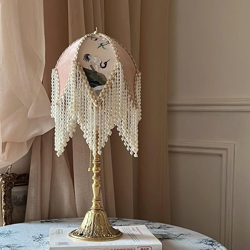 Soft Pink Crane Jacquard Lampshade with Beaded Fringe