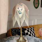 Soft Pink Crane Jacquard Lampshade with Beaded Fringe