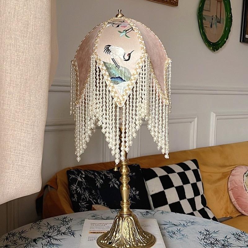 Soft Pink Crane Jacquard Lampshade with Beaded Fringe - MAIA HOMES