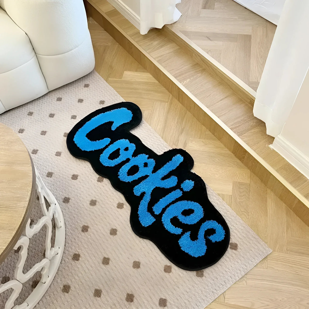 Soft Plush Handmade Cookies Bath Rug featuring a playful design, perfect for adding a whimsical touch to large living room rugs. The image shows the rug placed stylishly on a wooden floor, next to a cozy sofa and round coffee table.