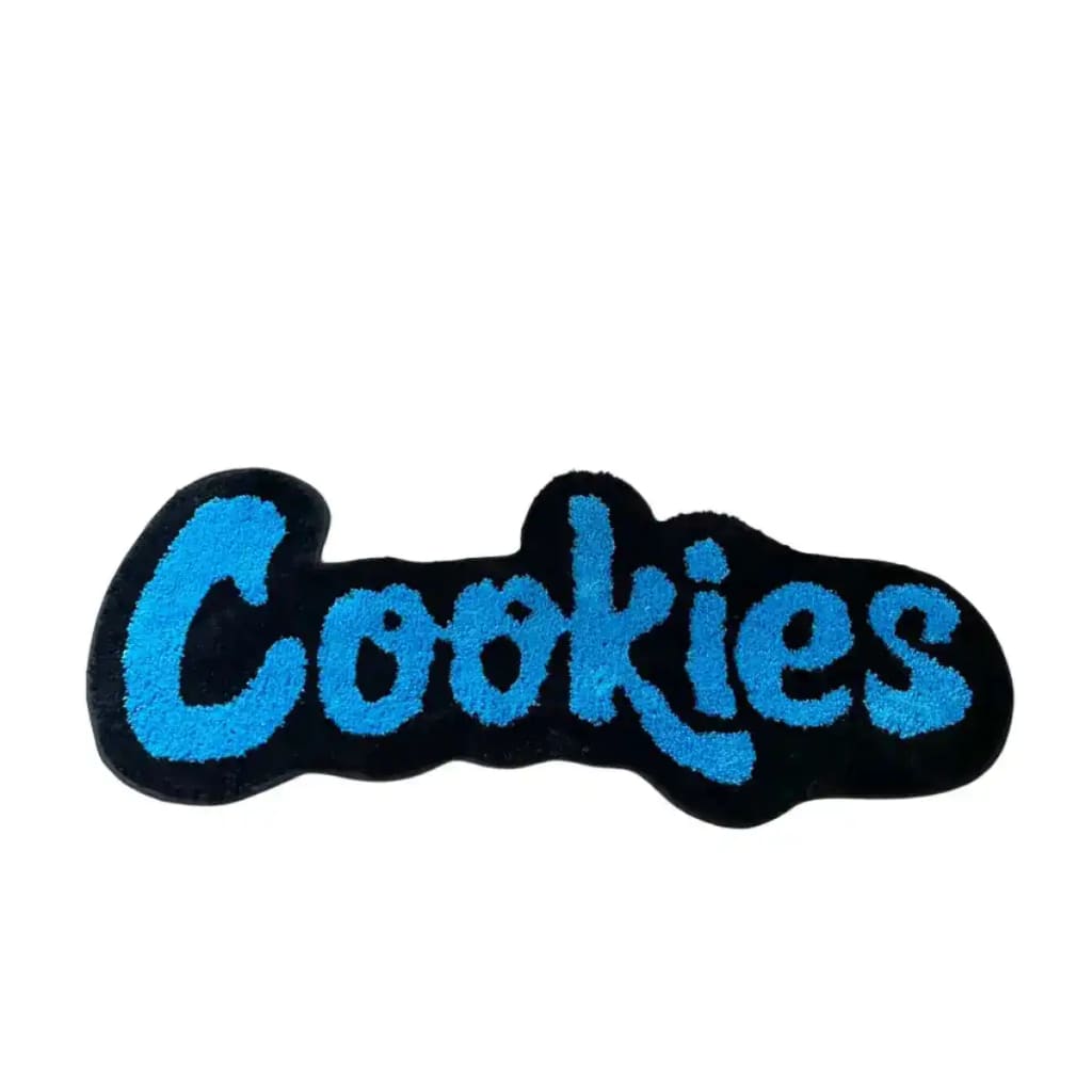 This eye-catching area rug features the word 'Cookies' in bold, playful blue lettering against a dark background, perfect for adding a touch of fun to large living room rugs.