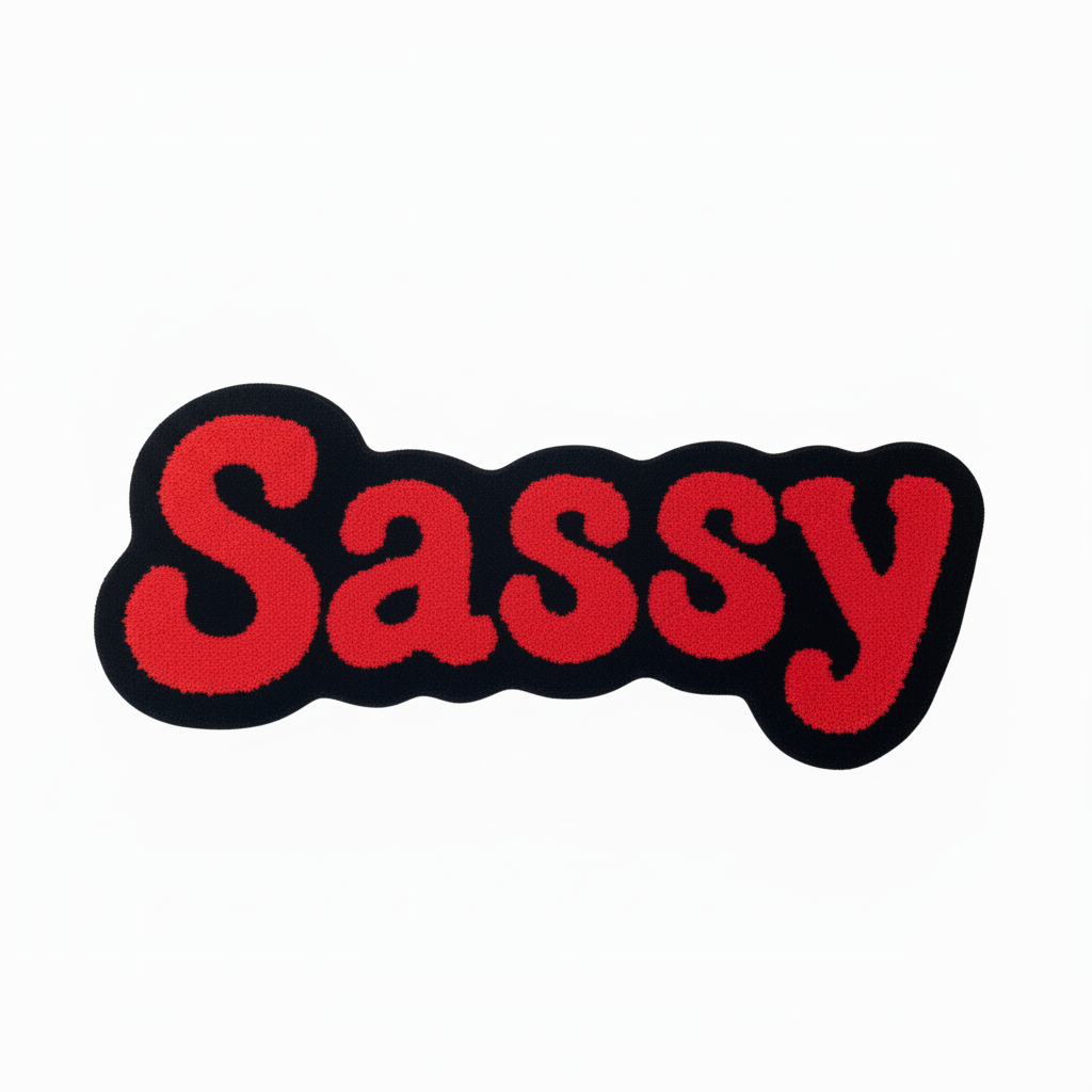 Red patch with 'Sassy' text rug on a white background