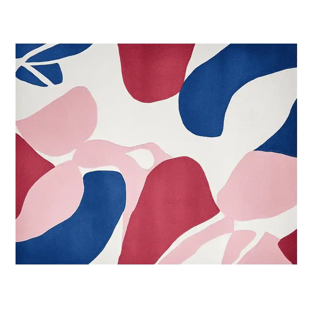 Vibrant area rug featuring an abstract design with bold red, blue, and pink shapes on a white background. This contemporary wool rug is perfect for adding a modern touch to your living room decor, offering both style and comfort as a living room area rug.