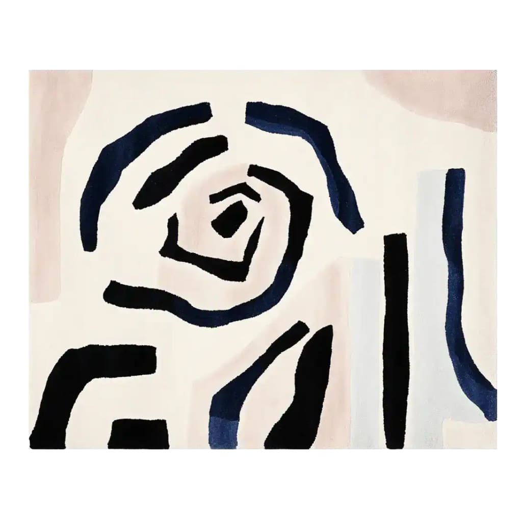 A contemporary wool area rug featuring an abstract spiral pattern with bold, dark blue and black lines on a soft cream background. Perfect for adding a modern touch to living room decor, this hand-tufted rug offers a stylish and artistic flair.