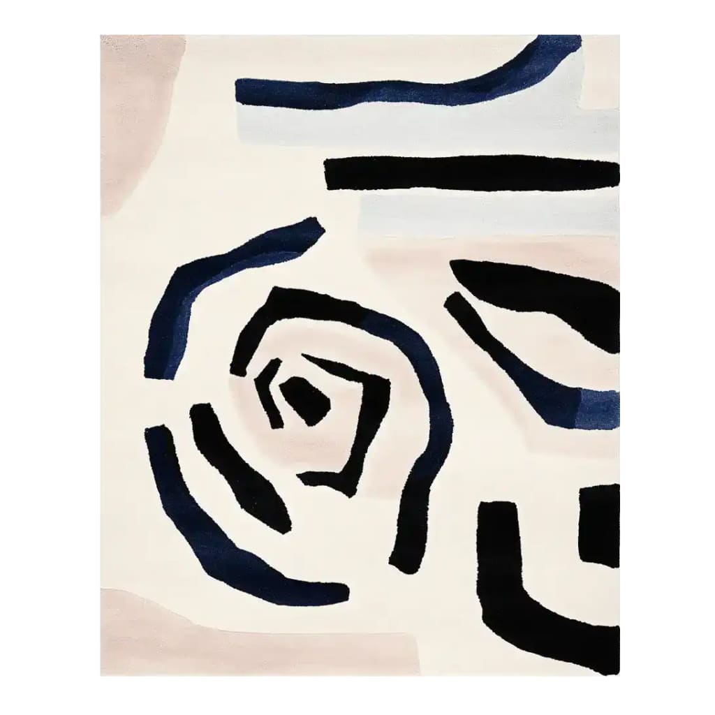 A stunning contemporary area rug with an abstract spiral design in black and deep blue on a cream background. This wool rug is perfect for adding a touch of modern elegance to living room spaces, making it an ideal choice for those seeking stylish area rugs for living rooms.