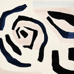 Top view of a Soft Spiral Echo Hand Tufted Area Rug featuring an abstract design in navy and black on a beige background, perfect for contemporary living room decor. This wool rug adds a modern touch to any living space, making it an ideal choice for area rugs for the living room.