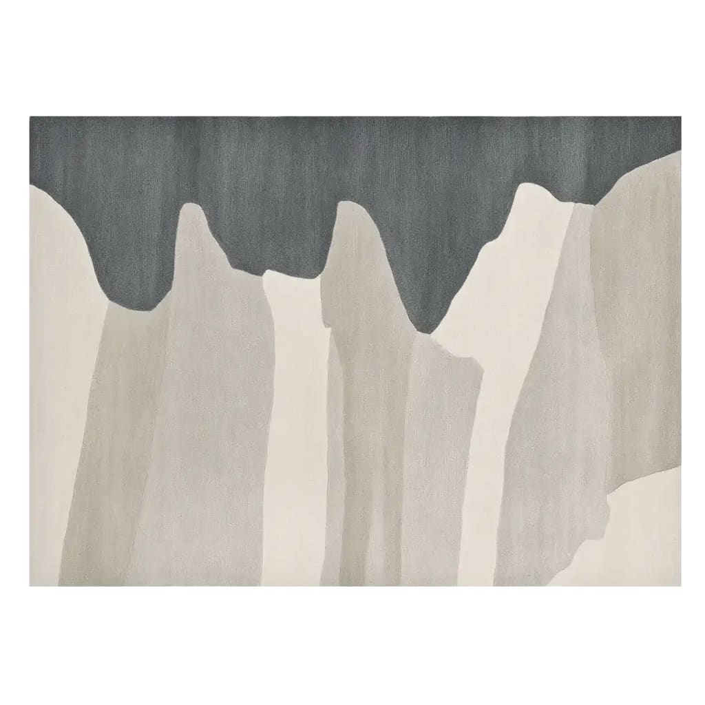 A beautifully designed area rug with an abstract pattern in shades of grey and cream, perfect for contemporary interiors. This wool rug is ideal for living rooms, especially in an 8x10 size, offering a stylish and large focal point.