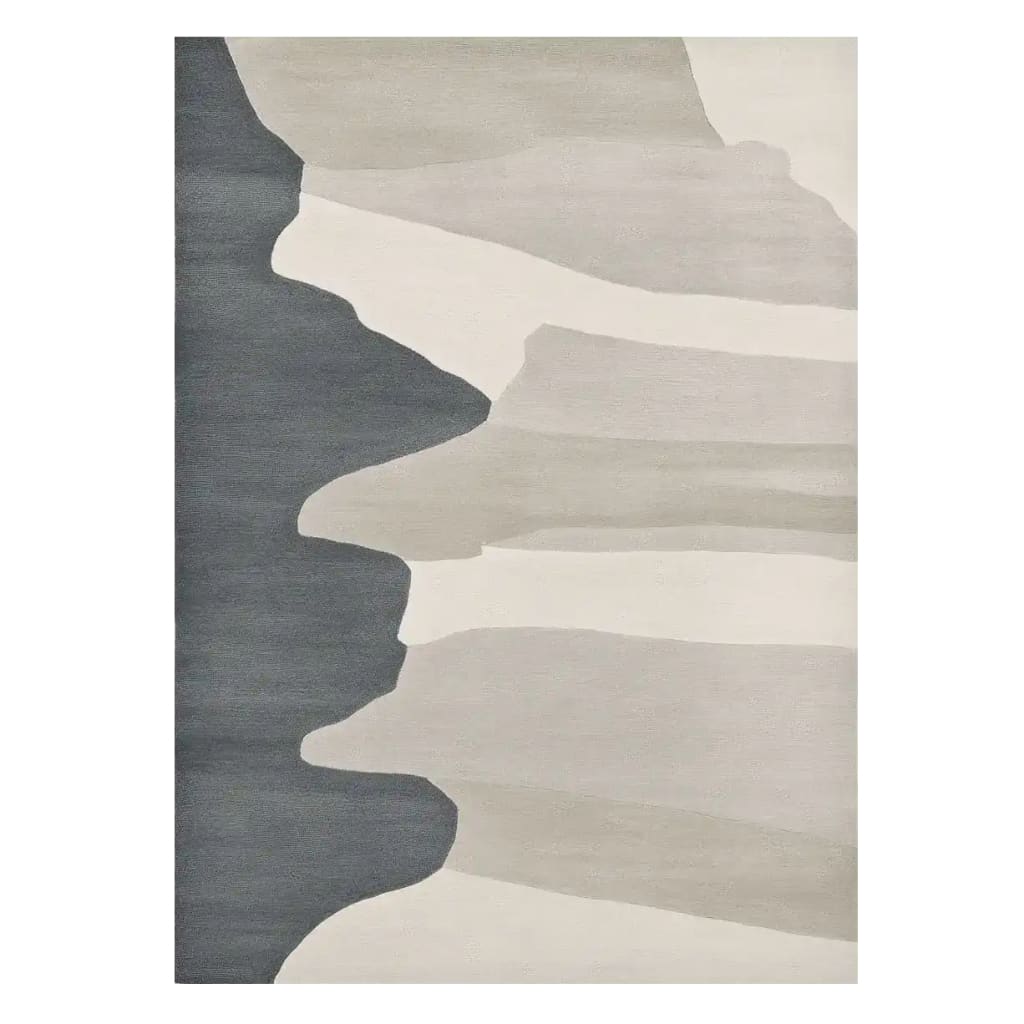 Top view of a Soft Structure Flow Hand Tufted Area Rug, showcasing its contemporary design with abstract gray and beige patterns. This wool rug is ideal for large living rooms, specifically in an 8x10 size.