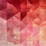 A vibrant Softly Falling Crimson Wool Runner Rug featuring an abstract geometric pattern in shades of red and pink. This contemporary area rug is perfect for adding warmth and style to kitchens, hallways, and dining rooms. Ideal as a kitchen runner rug or a sophisticated addition to living room and dining room decor.