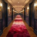 Hotel hallway rug with a red geometric carpet, framed artwork on the walls, and room numbers.