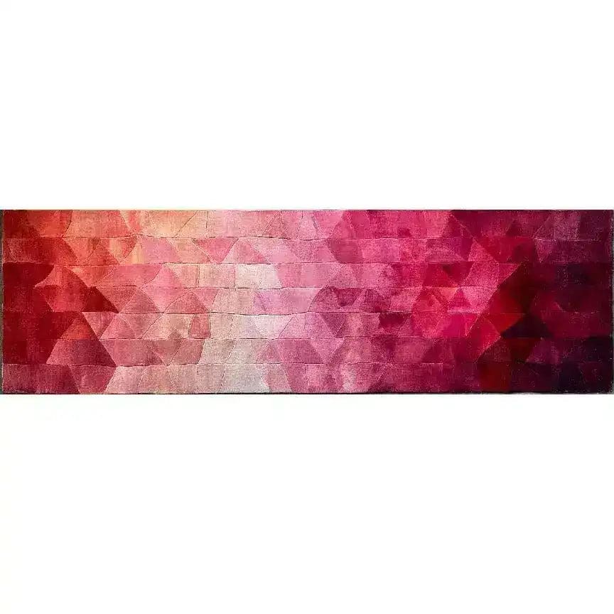 Vibrant crimson wool area rug with an abstract geometric pattern, perfect as a contemporary hallway runner rug. Ideal for adding a bold touch to kitchen runner rugs, living room and dining room spaces, or even as a bathroom runner rug.