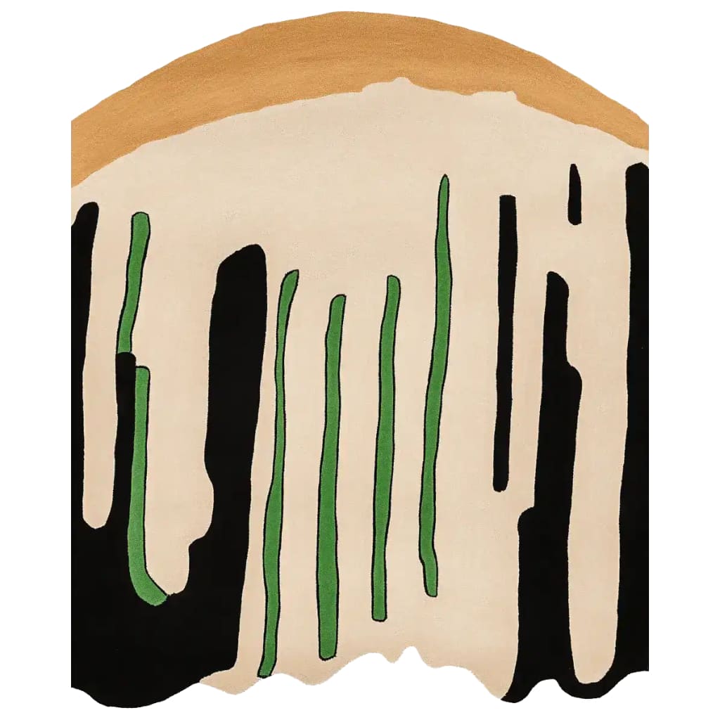 A contemporary hand-tufted area rug featuring an abstract design with flowing green and black lines on a beige background, perfect for large living rooms. This wool rug, available in 8x10, adds a modern touch to any space.