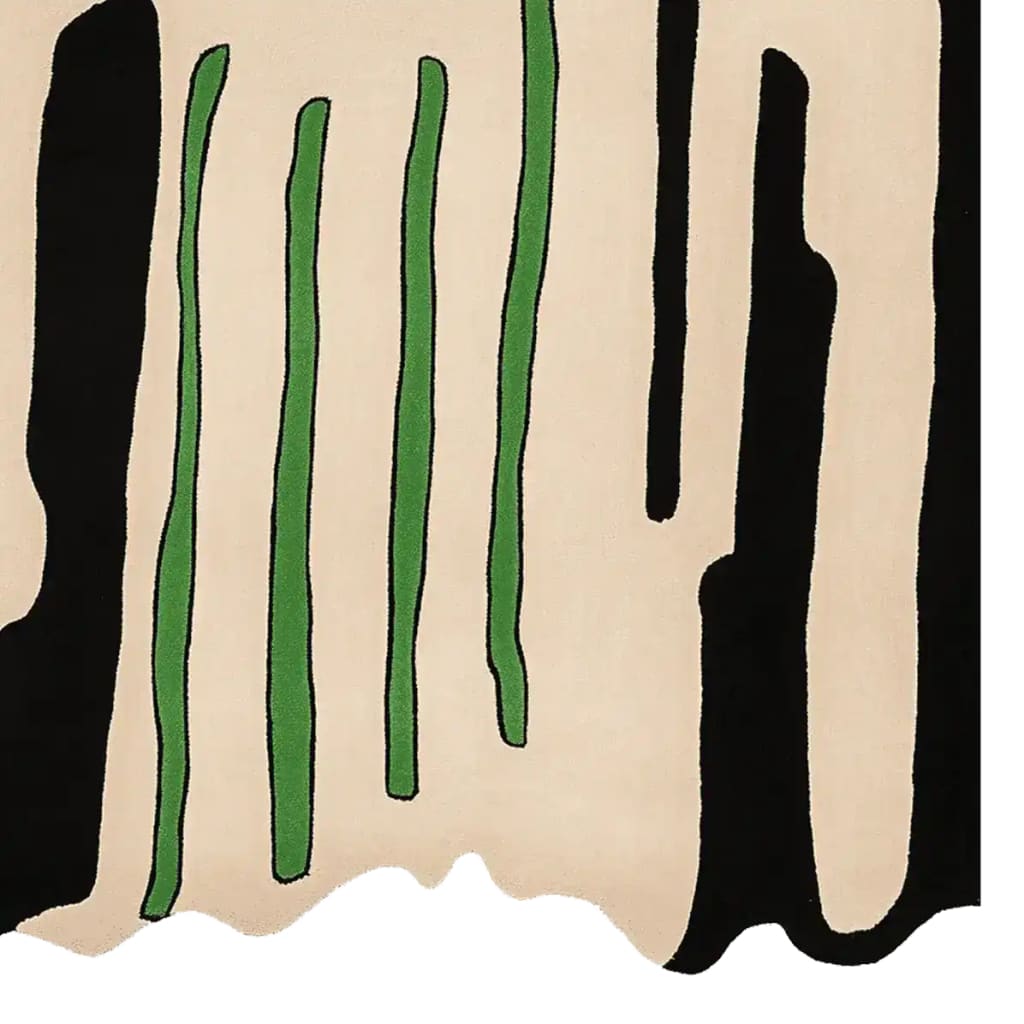 This contemporary area rug features an artistic abstract design with bold black and green stripes on a neutral beige background. Hand-tufted from high-quality wool, this large 8x10 rug is perfect for adding a modern touch to any living room.