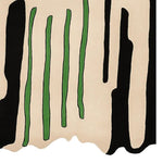 This contemporary area rug features an artistic abstract design with bold black and green stripes on a neutral beige background. Hand-tufted from high-quality wool, this large 8x10 rug is perfect for adding a modern touch to any living room.