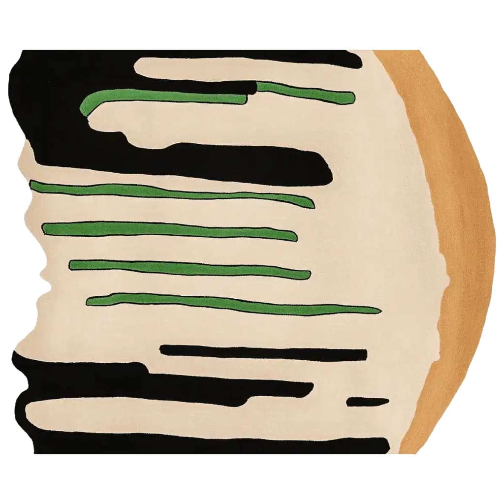 Top view of the Soil Rhythm Hand Tufted Rug, a contemporary area rug featuring an abstract design with black, green, and beige colors. This wool rug is perfect for adding a modern touch to large living room spaces, measuring 8x10 feet.