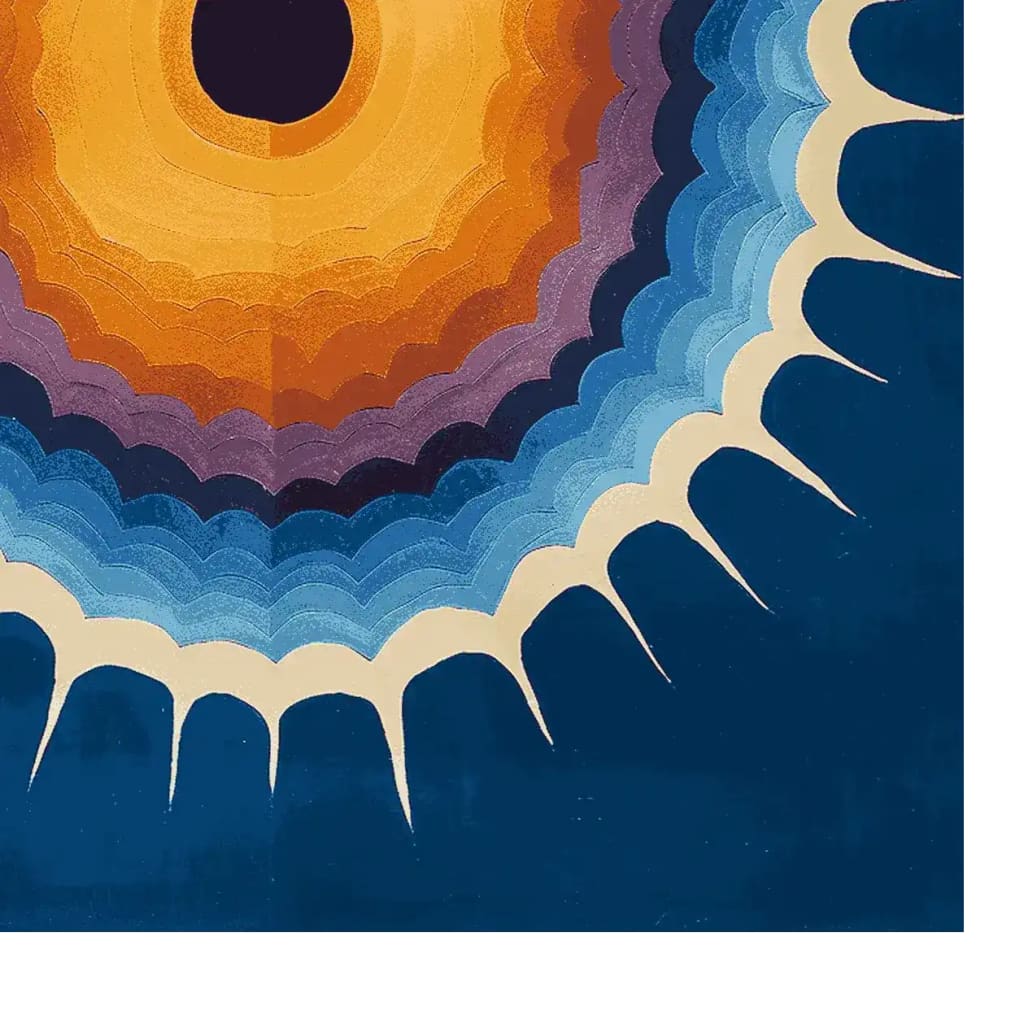 Top view of the Solar Bloom Hand Knotted Area Rug, showcasing a vibrant, abstract design. This contemporary rug features concentric waves of color, with a central dark circle surrounded by layers of orange, purple, and blue hues. Made from wool, it's perfect for adding a bold statement to any living room space. Ideal for those seeking unique living room area rugs.