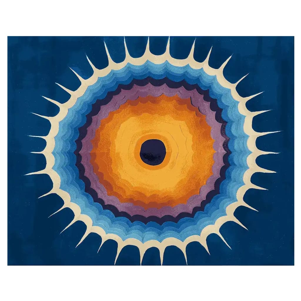 A vibrant Solar Bloom Hand Knotted Area Rug featuring an abstract sunburst design in rich blues, oranges, and purples. This contemporary wool rug is perfect for adding a splash of color to living room spaces, making it an ideal choice for those seeking unique living room area rugs.