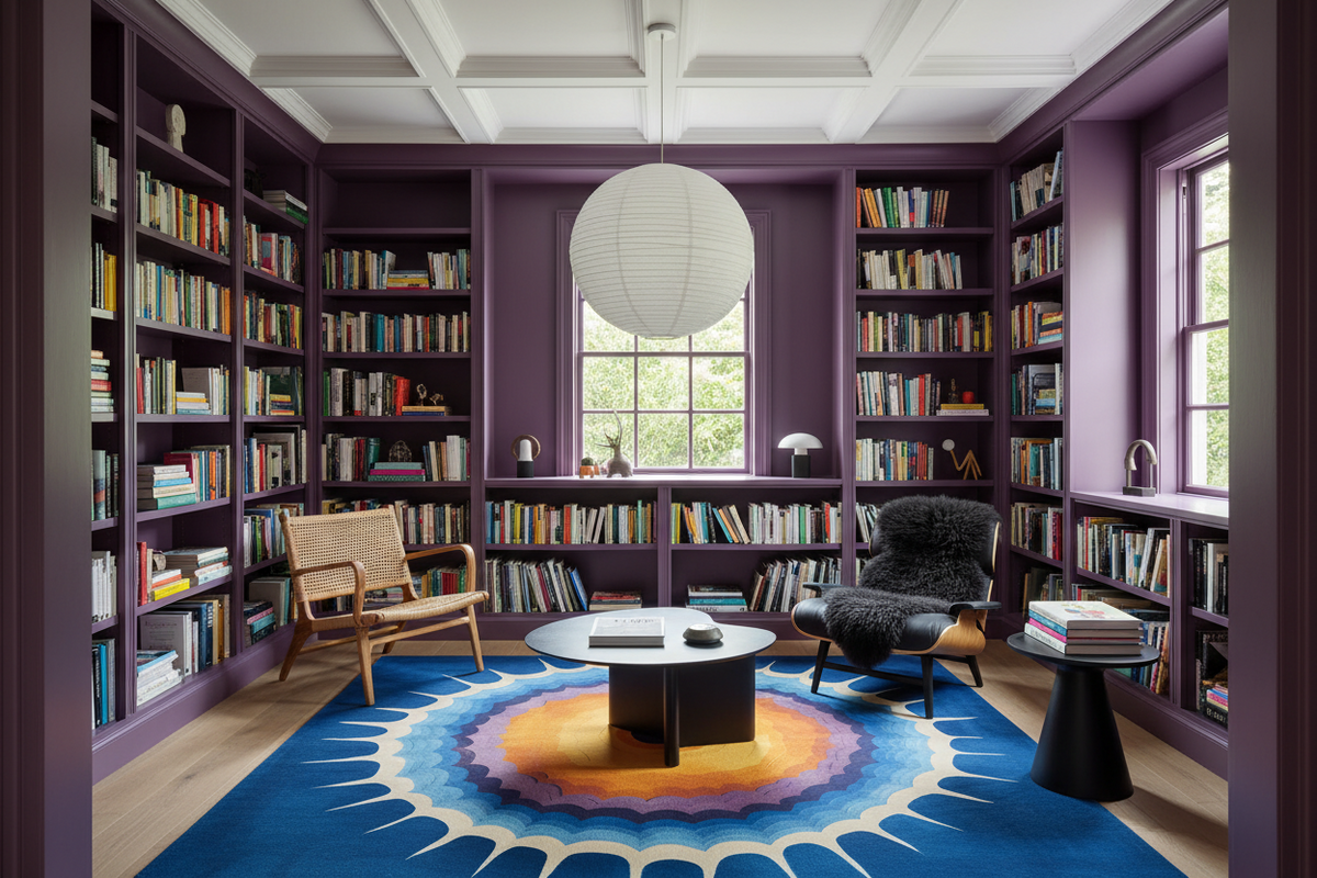 Modern living room with bookshelves, a round table, and a colorful rug.