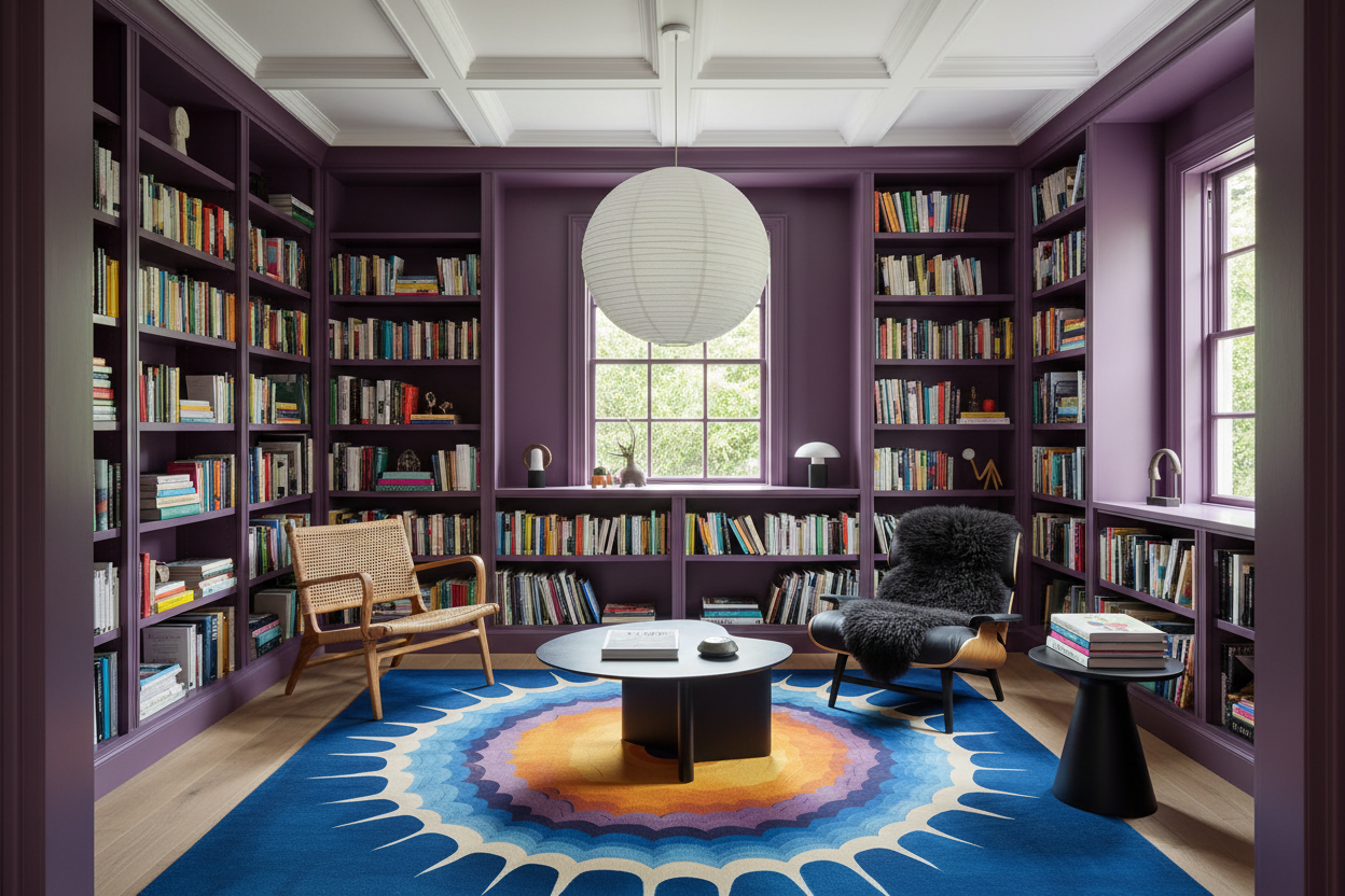 Modern living room with bookshelves, a round table, and a colorful rug.