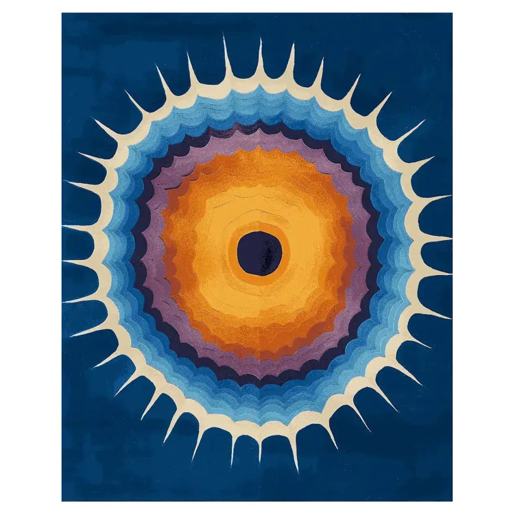 Top view of the Solar Bloom Hand Knotted Area Rug, showcasing a vibrant abstract design with a sunburst pattern in shades of blue, orange, and purple. This contemporary wool rug is perfect for adding a splash of color to any living room, making it an ideal choice for those seeking stylish living room area rugs.