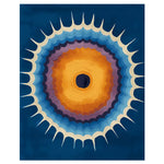 Top view of the Solar Bloom Hand Knotted Area Rug, showcasing a vibrant abstract design with a sunburst pattern in shades of blue, orange, and purple. This contemporary wool rug is perfect for adding a splash of color to any living room, making it an ideal choice for those seeking stylish living room area rugs.