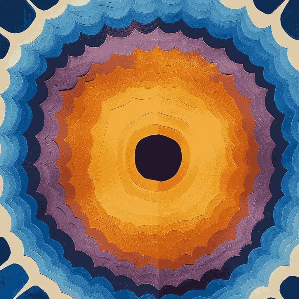 Vibrant Solar Bloom hand-knotted area rug featuring a stunning abstract design with concentric waves of orange, purple, and blue hues. This contemporary wool rug is perfect for adding a splash of color to any living room, making it a stylish choice for those seeking unique rugs for living room decor.