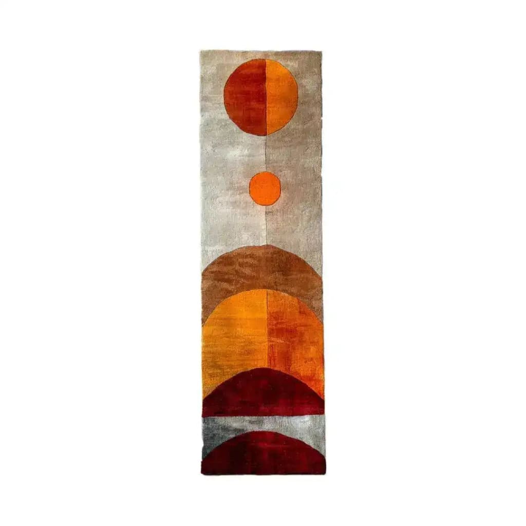 This is the Solar Eclipse Hand Tufted Wool Rug Runner, a stylish contemporary area rug featuring a modern geometric design with warm earthy tones. Perfect for use as a hallway runner rug, kitchen runner rug, or even in the living room as part of your large living room rugs collection. The rich texture and quality craftsmanship make it an ideal choice for adding a touch of elegance to any space, whether it's a bathroom runner rug or in the living room.