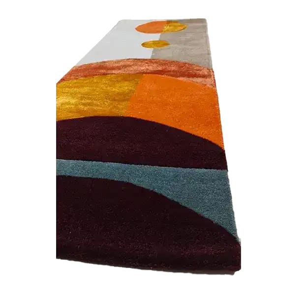Vibrant Solar Eclipse Hand Tufted Wool Rug Runner featuring abstract geometric patterns in rich hues of orange, yellow, and brown. Ideal for adding a contemporary touch to your hallway or kitchen. This area rug pairs well with living room rugs 8x10 and large living room rugs for a cohesive style.