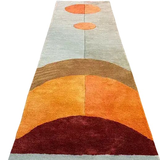 Contemporary Solar Eclipse Hand Tufted Wool Rug Runner featuring abstract circular designs in warm earth tones. Perfect for use as a hallway runner rug, kitchen rugs, or a stylish addition to your living room. This area rug brings a modern touch to any space, ideal for living room rugs 8x10 or large living room rugs.